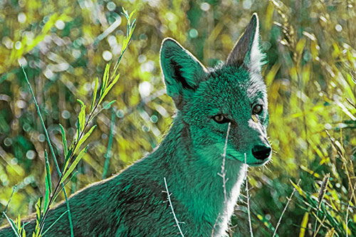 Bashful Coyote Spots Human (Green Tint Photo)