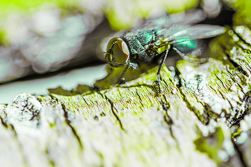 Blow Fly Standing Atop Broken Tree Branch (Green Tint Photo)