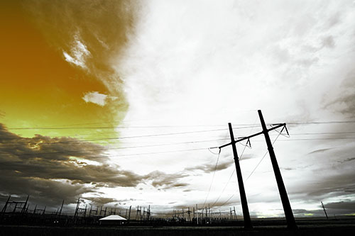 Cloud Clash Sunset Beyond Electrical Substation (Green Tint Photo)