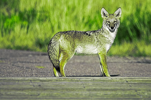 Crossing Coyote Glares Across Bridge Walkway (Green Tint Photo)
