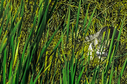 Crouching Cat Hunting Among Tall Reed Grass (Green Tint)