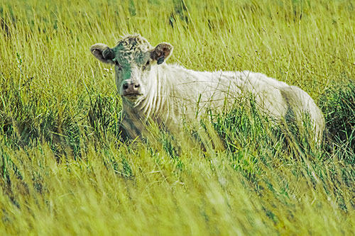 Curious Cow Awakens From Nap (Green Tint Photo)