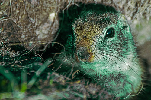 Curious Prairie Dog Watches From Dirt Tunnel Entrance (Green Tint Photo)