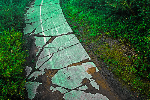 Curving Muddy Concrete Cracked Sidewalk (Green Tint Photo)