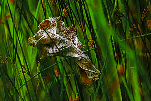 Dead Decayed Leaf Rots Among Reed Grass (Green Tint Photo)