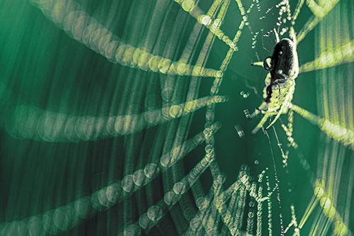 Dewy Orb Weaver Spider Hangs Among Web (Green Tint Photo)