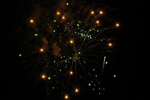 Firework Light Orbs Free Falling After Explosion (Green Tint Photo)