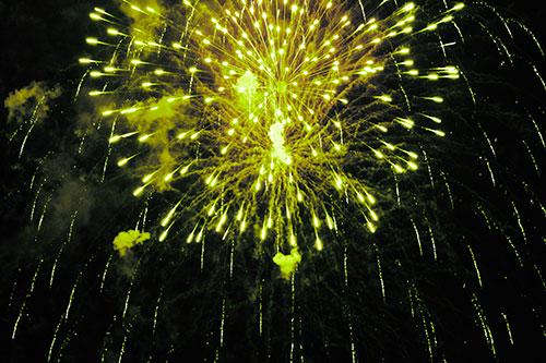 Fireworks Explosion Lights Night Sky Ablaze (Green Tint Photo)