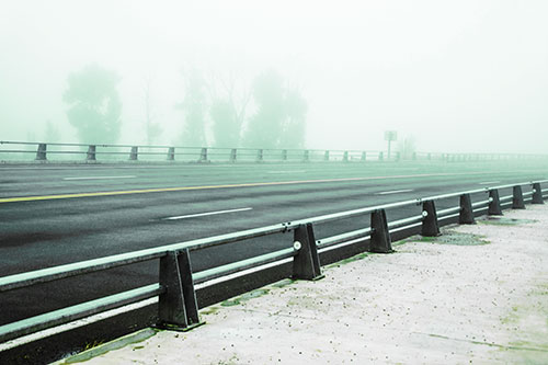 Fog Surrounds Deserted Sidewalk Roadway (Green Tint Photo)