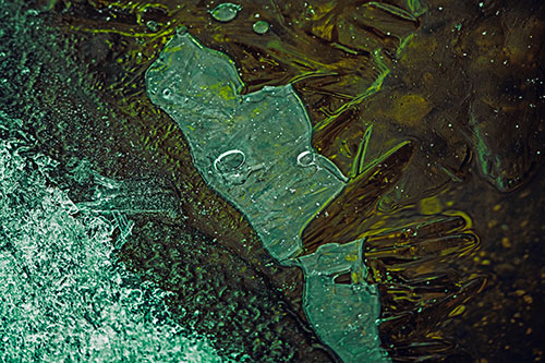 Frozen Bubble Eyed Ice Face Figure Along River Shoreline (Green Tint Photo)