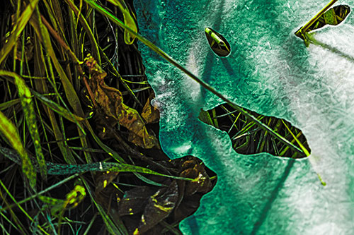 Frozen Protruding Grass Bladed Ice Face (Green Tint Photo)