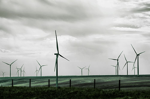 Gloomy Clouds Overcast Wind Turbine Pasture (Green Tint)