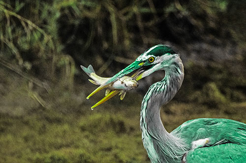 Great Blue Heron Clamps Trout Fish Between Beak (Green Tint)