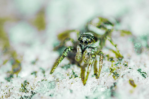 Hairy Jumping Spider Enjoying Sunshine (Green Tint Photo)