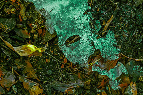 Half Melted Ice Face Atop Dead Leaves (Green Tint Photo)