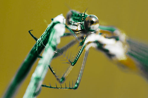 Happy Faced Dragonfly Clings Onto Broken Stick (Green Tint Photo)
