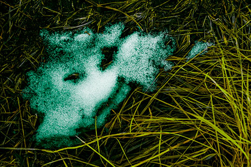 Happy Smug Faced Snow Patch Atop Grass (Green Tint Photo)