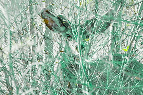 Hidden Mule Deer Watching Behind Tree Branches (Green Tint)