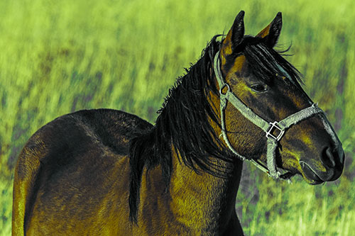 Horse Enjoying Grassy Dinner Meal (Green Tint Photo)