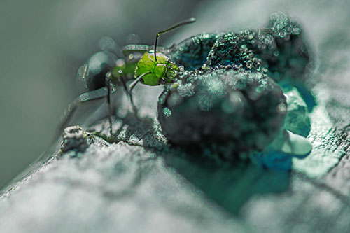 Hungry Carpenter Ant Tears Food Using Mandible Jaws (Green Tint Photo)