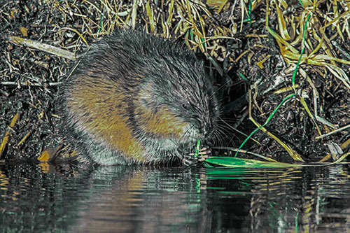 Hungry Muskrat Chews Water Reed Grass Along River Shore (Green Tint Photo)
