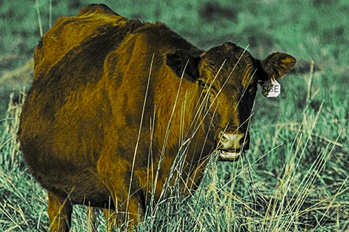 Hungry Open Mouthed Cow Enjoying Hay (Green Tint Photo)