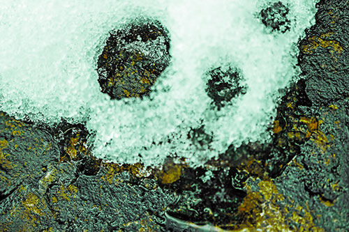 Ice Skull Snow Face Melting Atop Rock (Green Tint Photo)