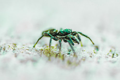 Jumping Spider Crawling Along Flat Terrain (Green Tint Photo)