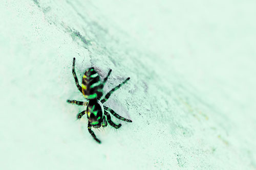 Jumping Spider Crawling Down Wood Surface (Green Tint Photo)