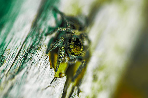 Jumping Spider Perched Among Wood Crevice (Green Tint Photo)