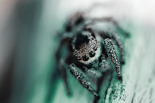 Jumping Spider Resting Atop Wood Stick (Green Tint Photo)