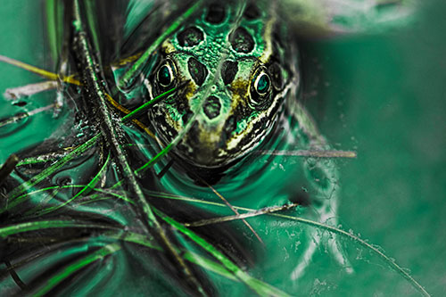 Leopard Frog Hiding Among Submerged Grass (Green Tint Photo)