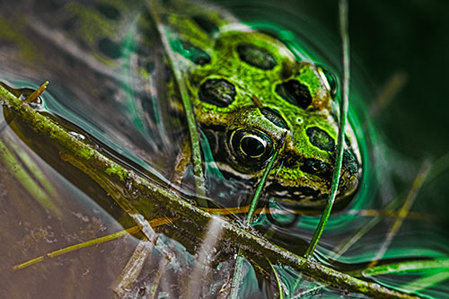 Leopard Frog Keeping Eye Out Above Water (Green Tint Photo)