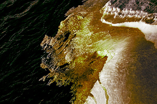 Melting Ice Face Creature Atop River Water (Green Tint Photo)