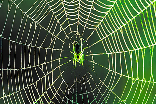 Orb Weaver Spider Rests Among Web Center (Green Tint)