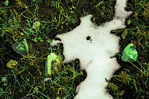 Peering Humanoid Snow Face Creature Among Rocks (Green Tint)