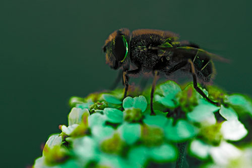 Pollen Covered Hoverfly Standing Atop Flower Petals (Green Tint Photo)