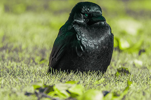 Puffy Crow Standing Guard Among Leaf Covered Grass (Green Tint Photo)