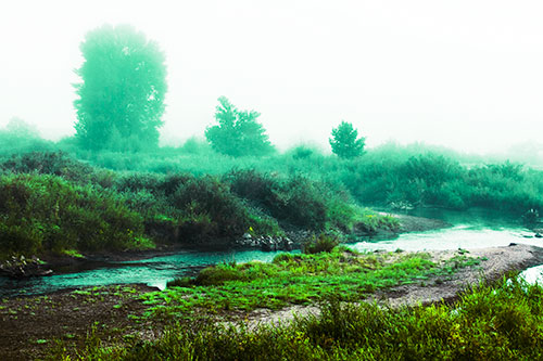 River Flowing Along Foggy Vegetation (Green Tint Photo)