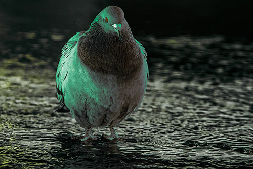 River Standing Pigeon Watching Ahead (Green Tint)