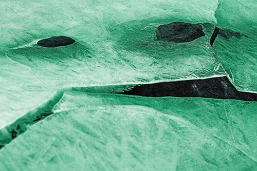 Rock Face Emerges Among Cracked Frozen Ice (Green Tint)