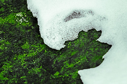 Screaming Snow Face Slowly Melting Atop Rock Surface (Green Tint Photo)