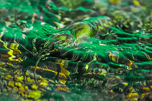 Shallow Submerged Crayfish Keeping Watch Among River (Green Tint Photo)
