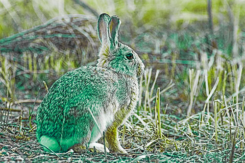 Sitting Bunny Rabbit Among Broken Plant Stems (Green Tint Photo)
