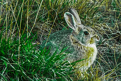 Sitting Bunny Rabbit Enjoying Sunrise Among Grass (Green Tint Photo)