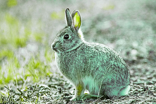 Sitting Bunny Rabbit Perched Beside Grass Blade (Green Tint Photo)