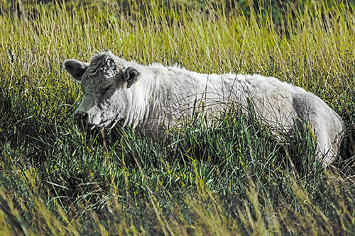Sleeping Cow Resting Among Grass (Green Tint)