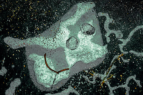 Smiley Bubble Eyed Block Face Below Frozen River Ice Water (Green Tint Photo)