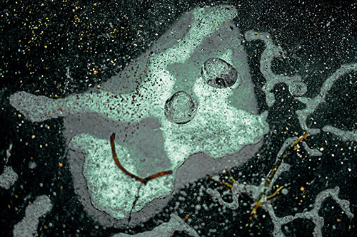 Smiley Bubble Eyed Block Face Below Frozen River Ice Water (Green Tint)