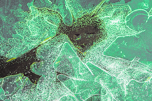 Smug Ice Face Among Frozen River Water (Green Tint Photo)